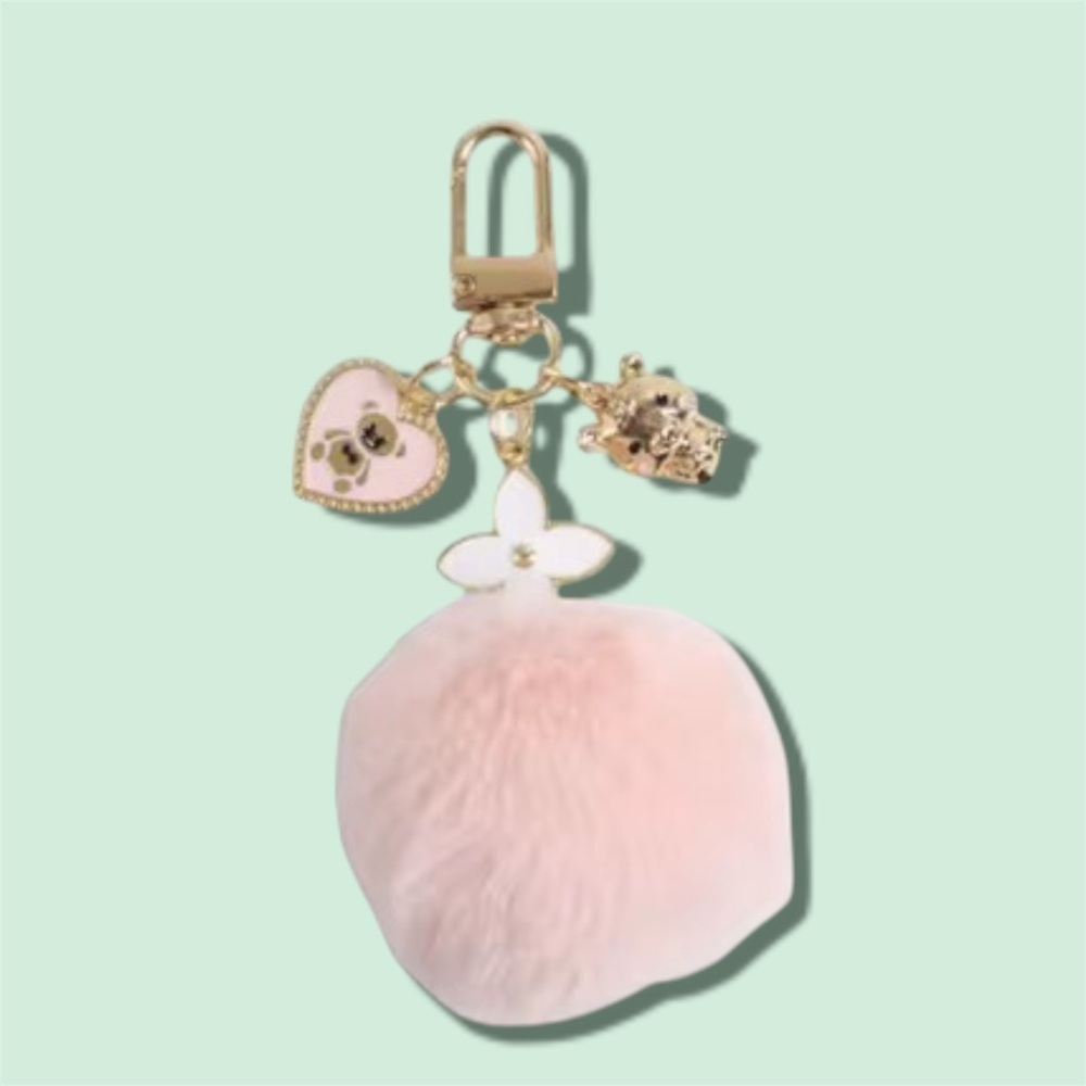 Pink Fluffy Keychain and bag charm with Gold Accents
